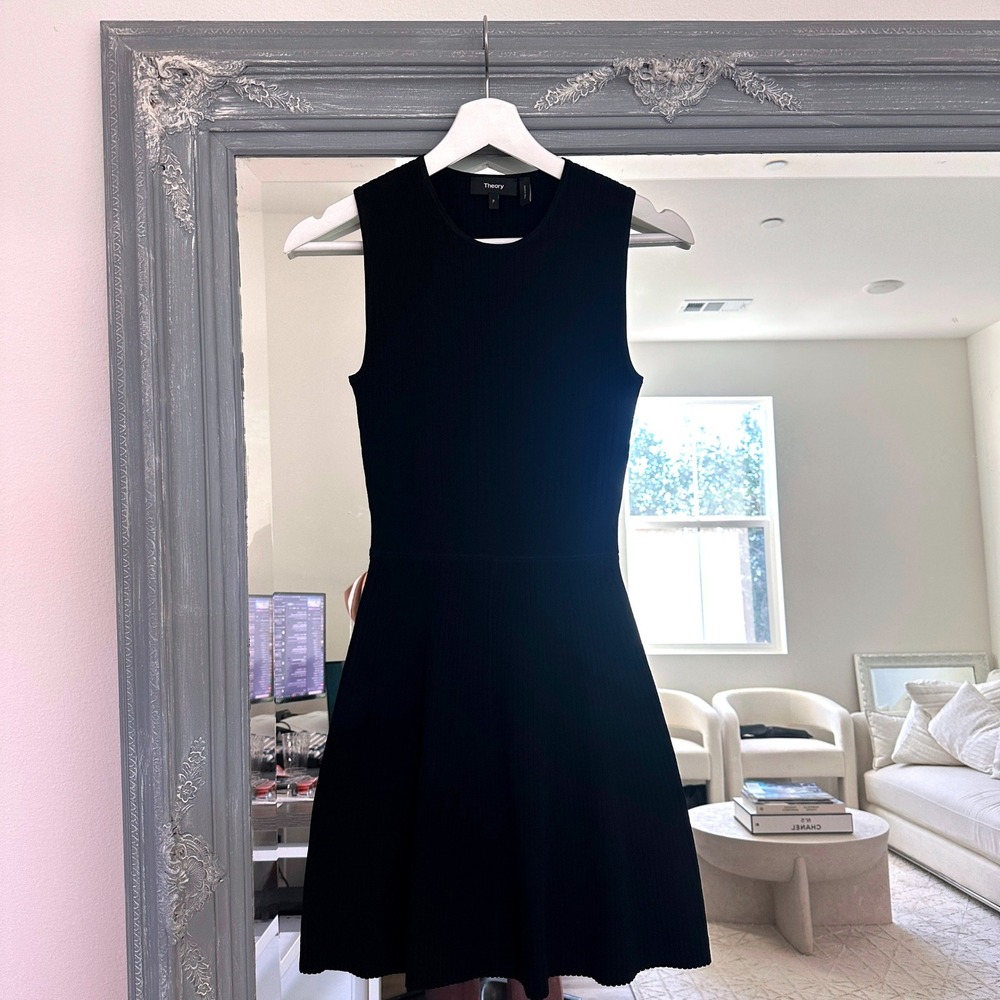 Theory Ribbed Fit & Flare Dress Sleeveless Sweater Crepe Knit Black P - Picture 3 of 10